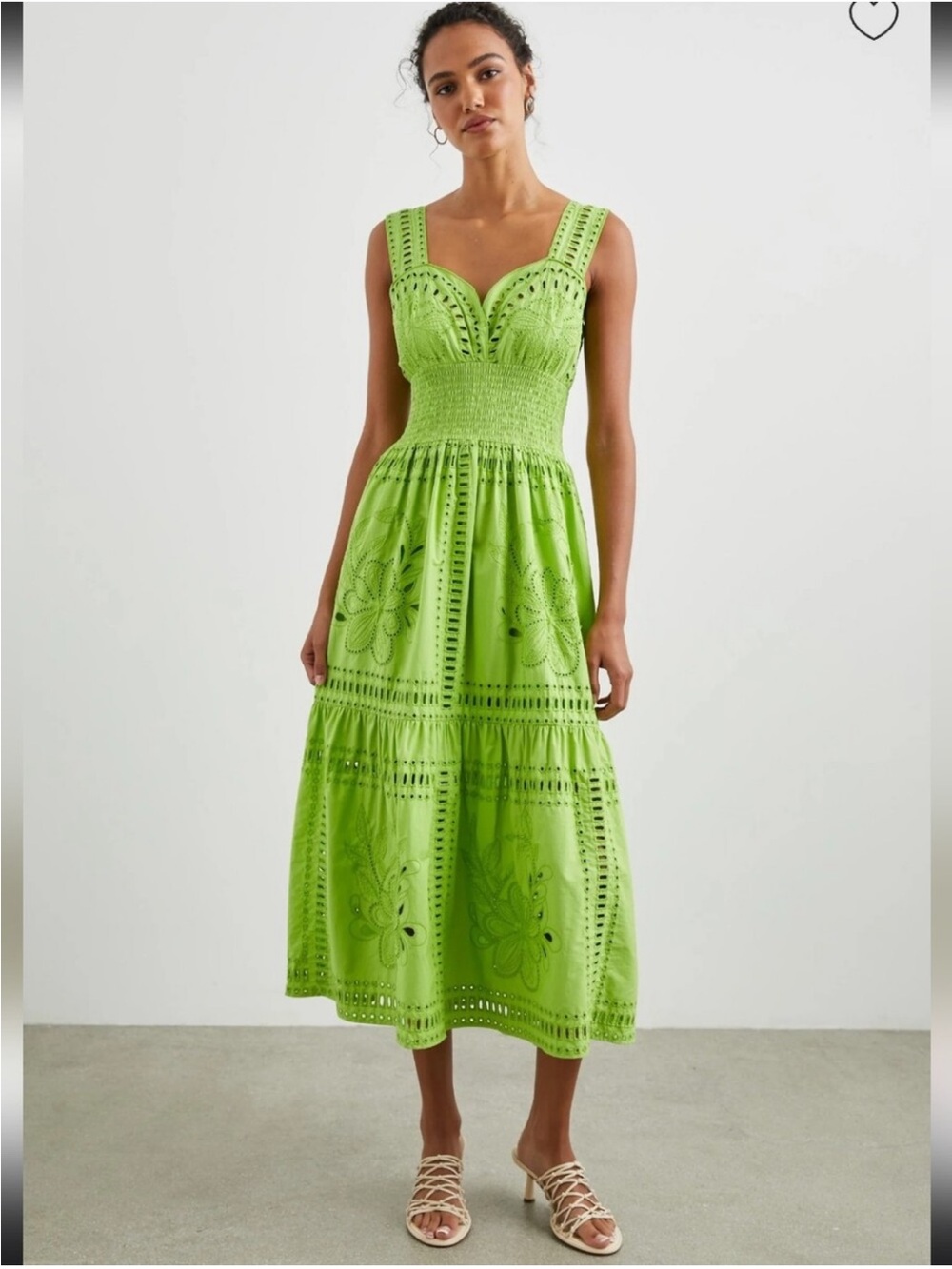 Rails Fawn Dress Lime Green Sweetheart Neckline Floral Cutout Eyelet MidiDress S